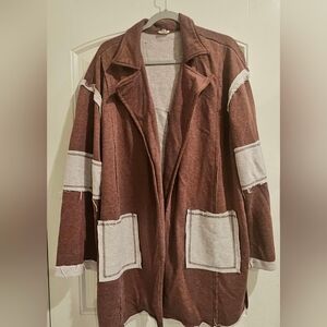 POL Anthropologie Brown and Cream Patchwork Jacket Cardigan Boho Sweater Large